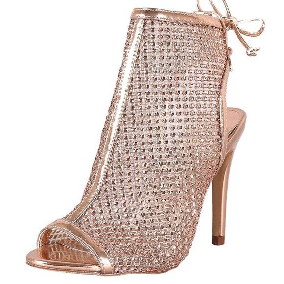 Restock 🎊Host Pick🎉Rose Gold Peep Toe Rhinestone Mesh Vegan Leather Heel Boots - Picture 2 of 5